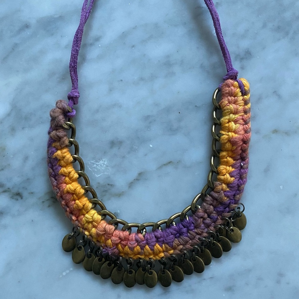 Andrea Bocchio bronze, purple, and orange necklace, adjustable 19" chain